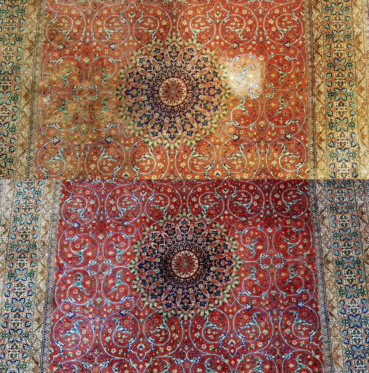 Tapis d'Orient : moitié nettoyée, moitié encrassée